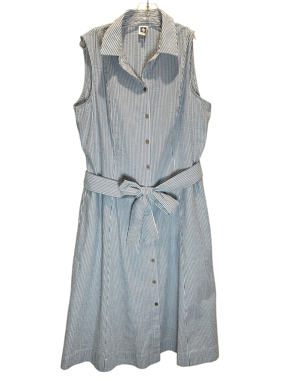 Anne Klein Blue & White Diane Seersucker Sleeveless Midi Shirt Dress - Size 14 - Picture 2 of 10
